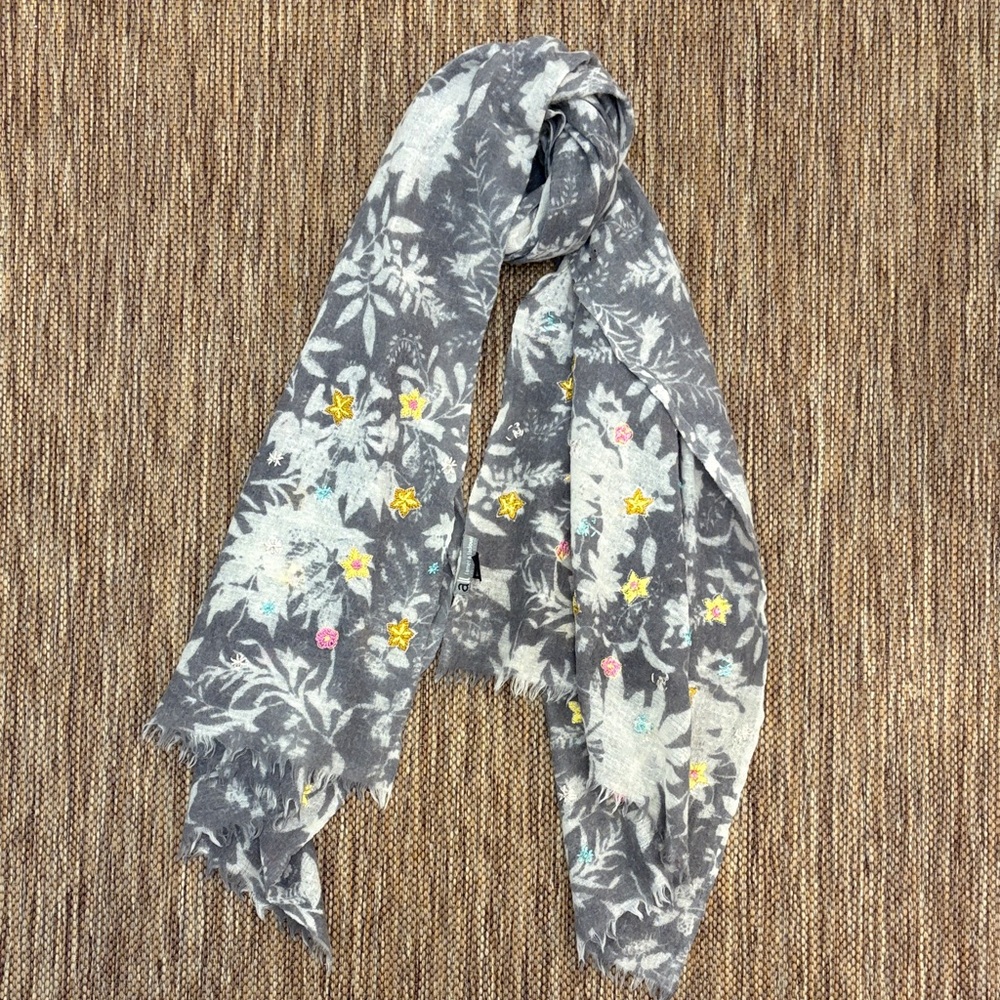 Floral Gray and Yellow Scarf with embroidery